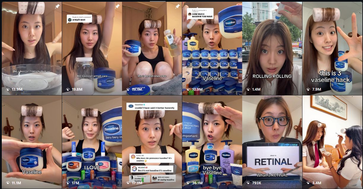 Grid of Min Day Lee's Instagram Reels showing Vaseline products, with view counts ranging from 793 thousand to 36.1 million
