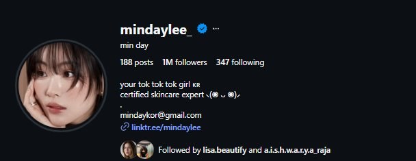 Instagram profile of @mindaylee_, showing 188 posts and 1 million followers, bio reading your tok tok tok girl, certified skincare expert