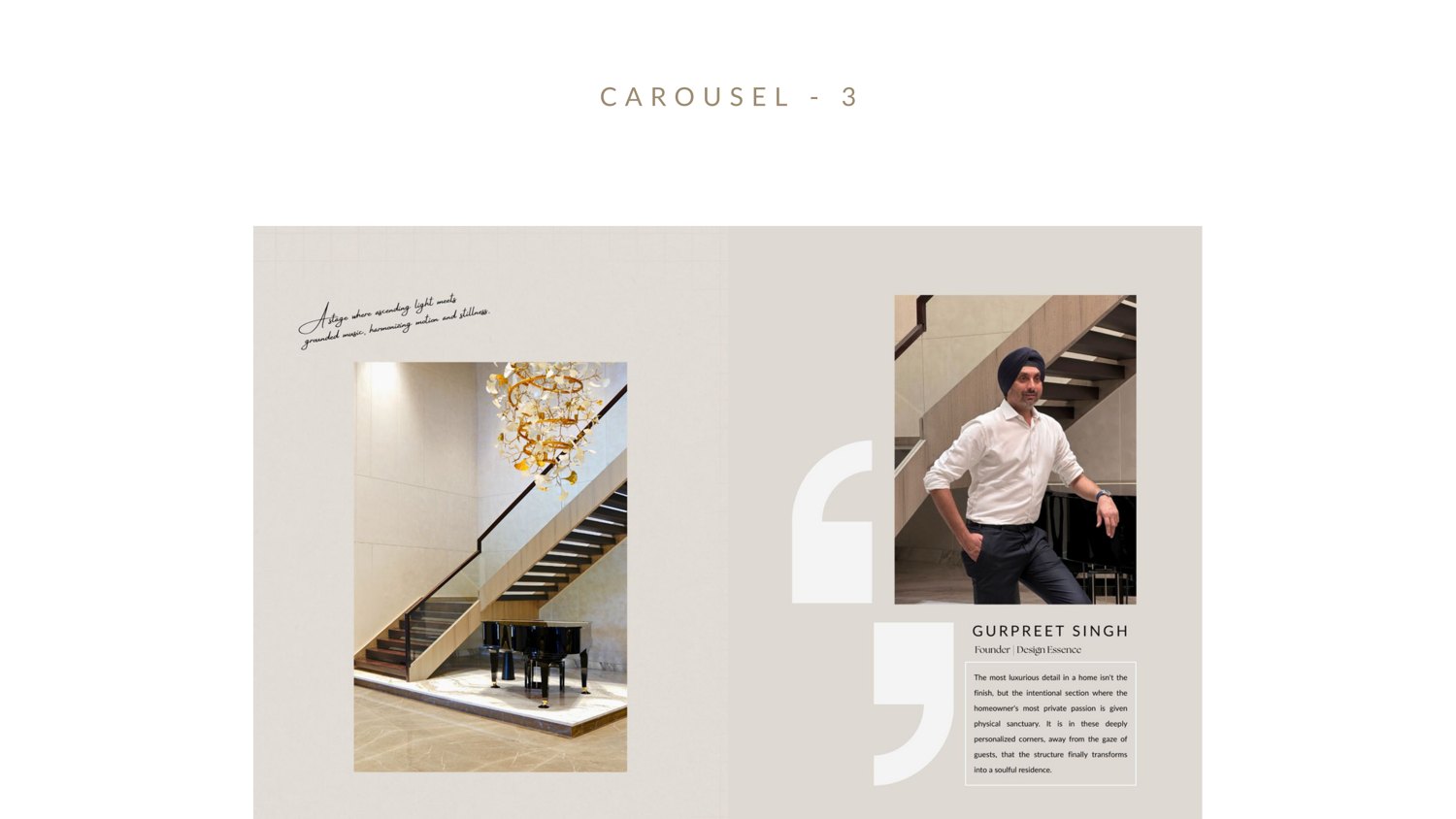 Founder carousel featuring Gurpreet Singh beside the staircase project