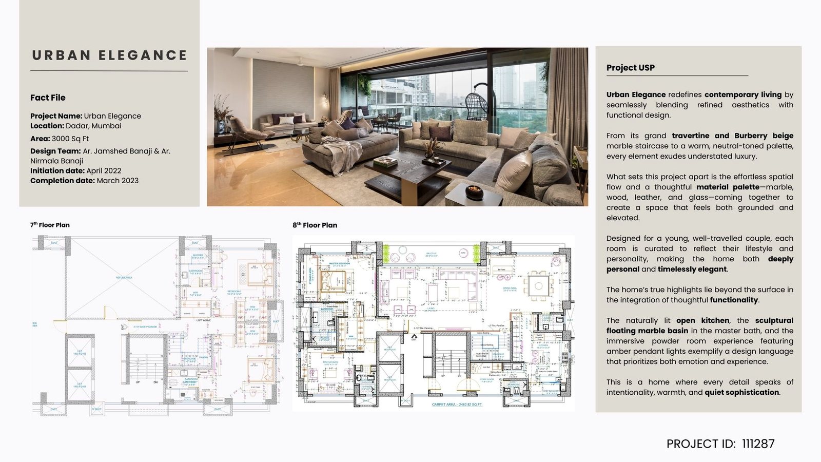 Award submission panel showing an interior project with plans and photography