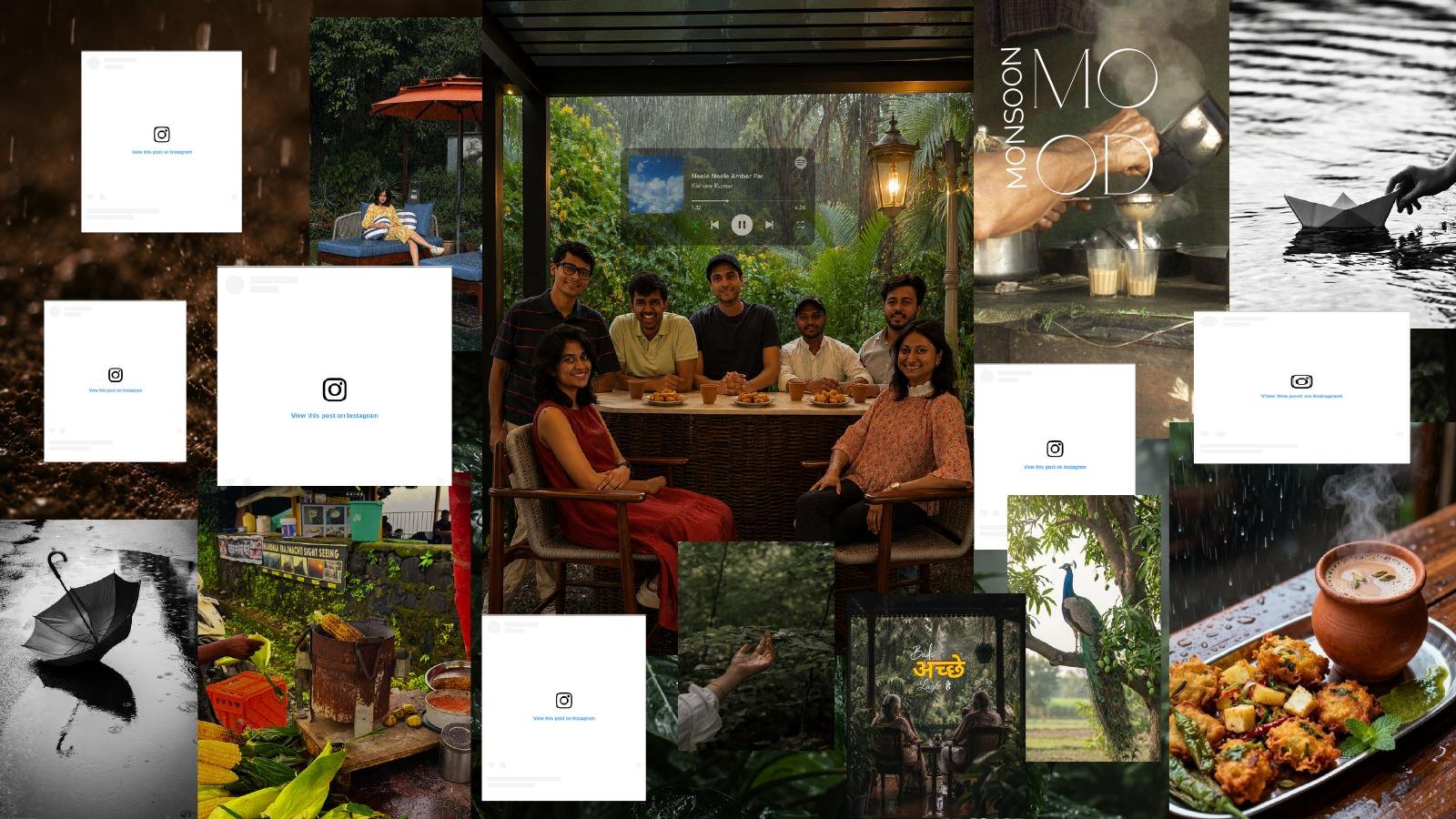 Monsoon mood board: chai, pakoras, rain, an umbrella, a peacock, paper boats, friends eating outdoors