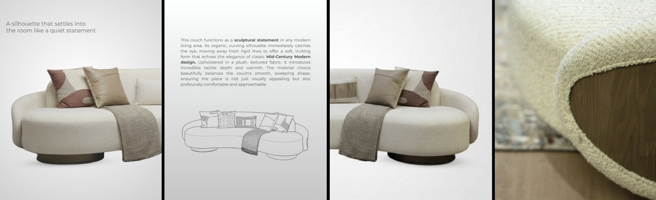 Carousel showing a curved sofa beside its line drawing