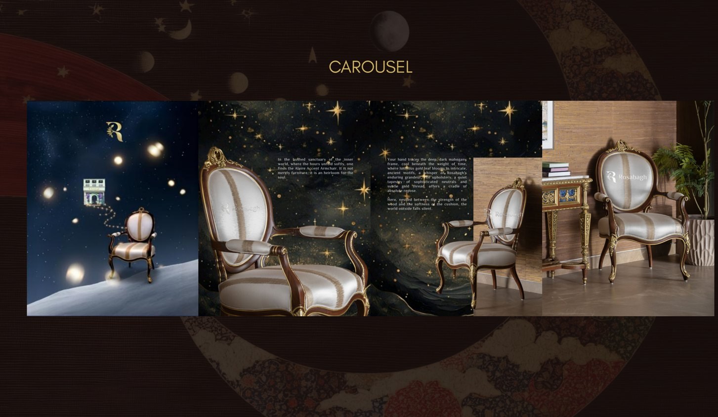 Rosabagh carousel: blossom branches and a marquetry cabinet in gold leaf