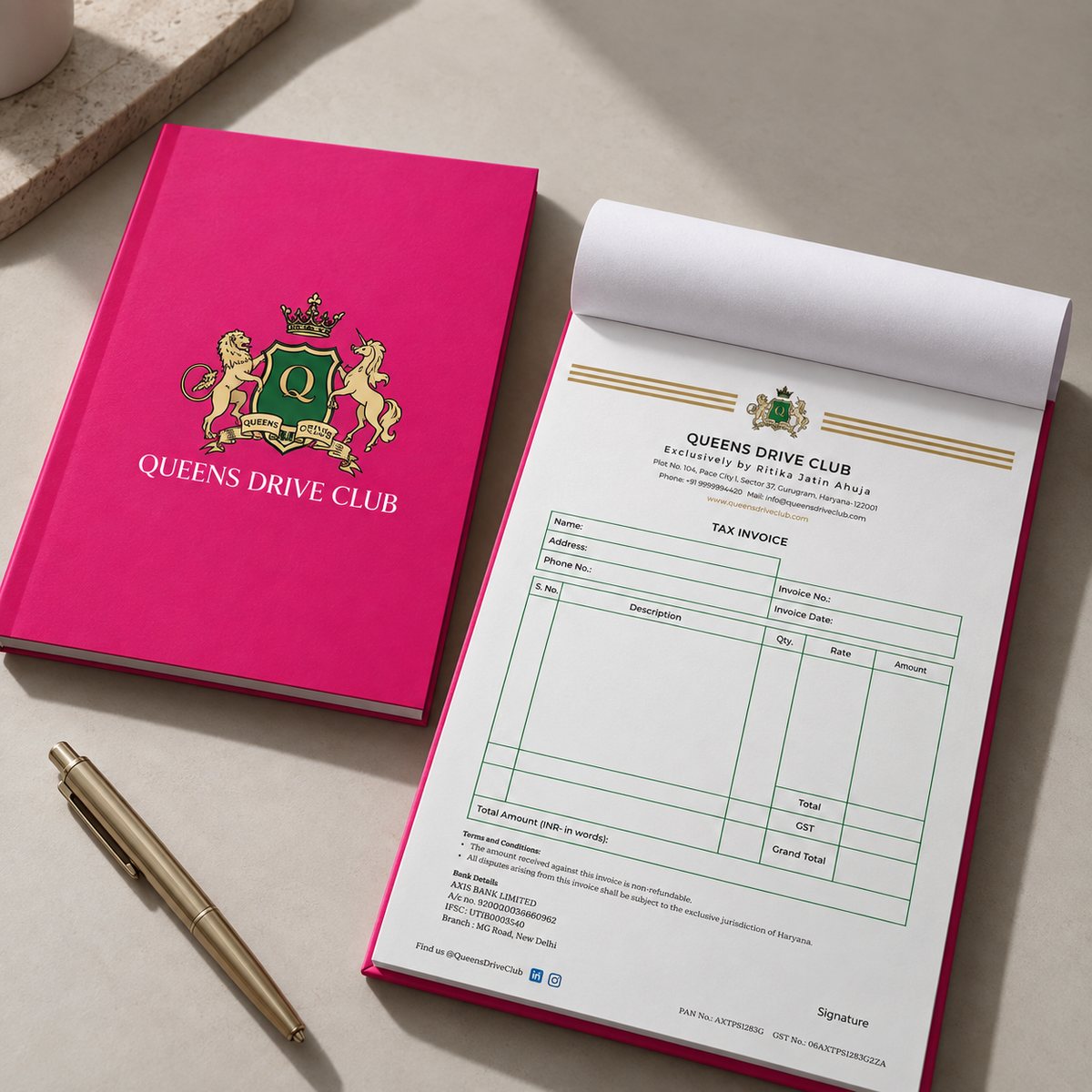 Queens Drive Club invoice book with magenta cover and gold crest, alongside printed tax invoice pages