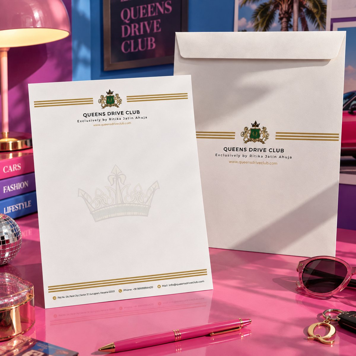 Queens Drive Club letterhead and envelope in ivory with gold banding, a watermarked crown and the line Exclusively by Ritika Jatin Ahuja